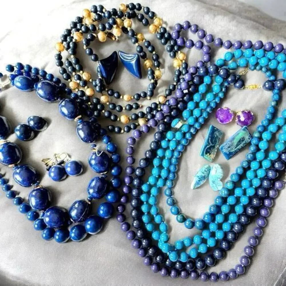 12 Vintage Necklace Earring Lot Blue and Turquoise Graduated Bead Vintage 16oz